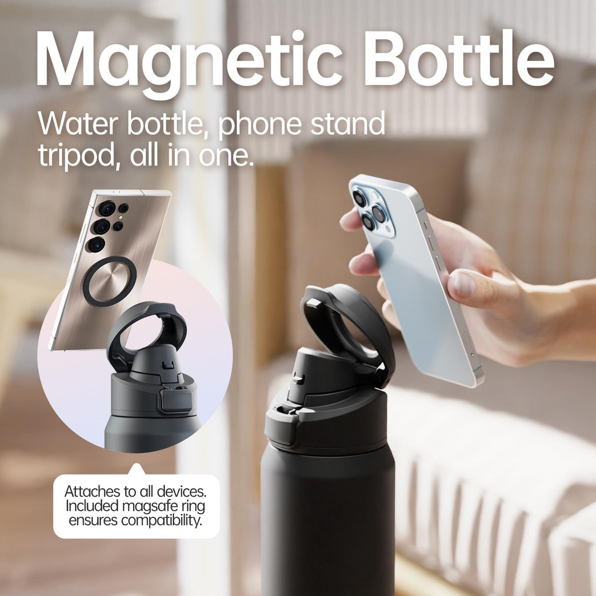 VOKRA Magnetic Gym Bottle – Phone Mount Lid, Insulated Steel