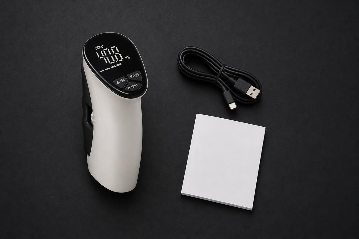 Contenido de la caja: dinamómetro, cable USB y manual