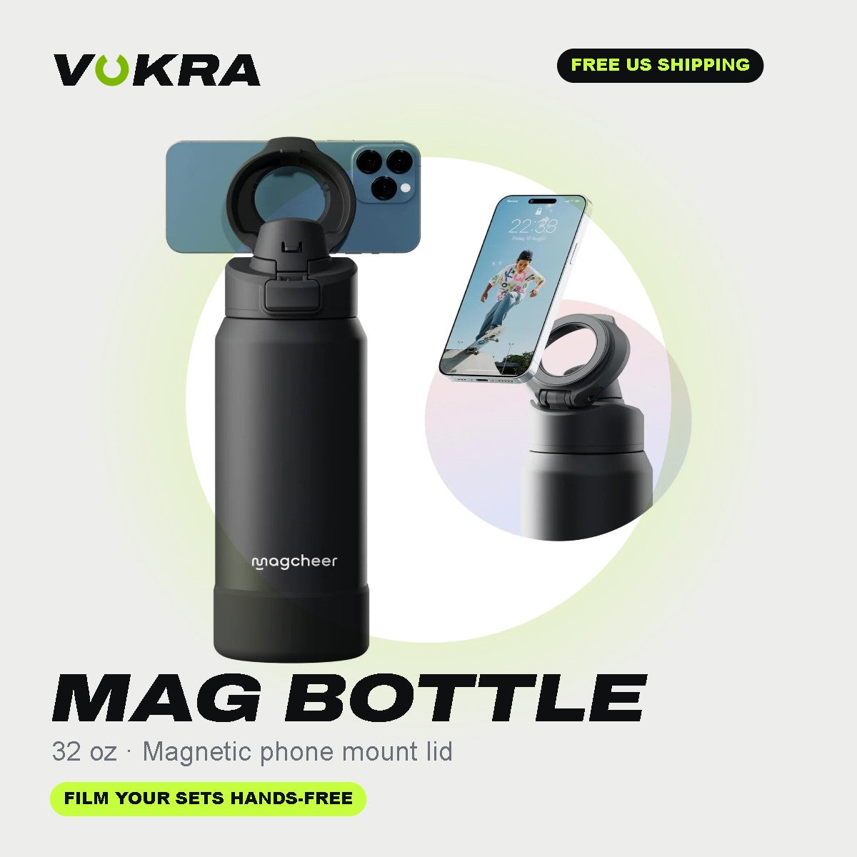 VOKRA Mag Bottle 32 oz with magnetic phone mount lid