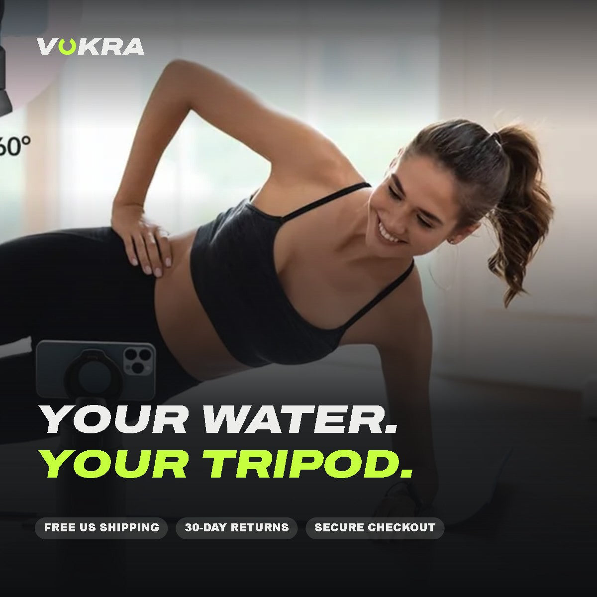VOKRA Mag Bottle used as a phone tripod at the gym